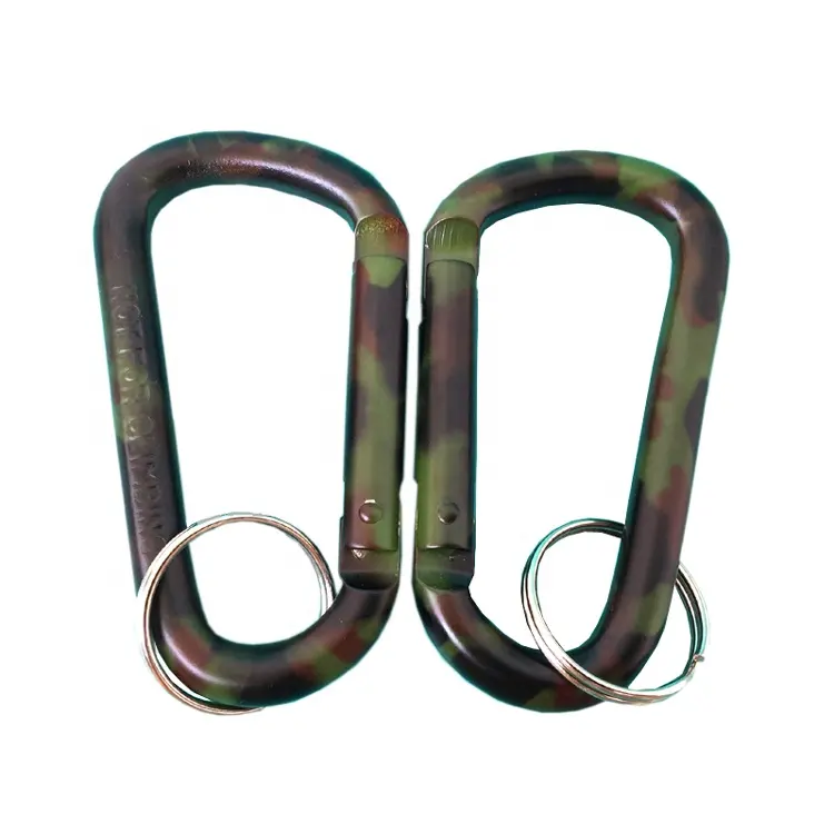 Factory wholesale 8 cm aluminum camouflage carabiner keychain spring clip d hook promotional keychain