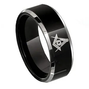 SZ Cheng jewelers 8MM Freemason Masonic Mens Black Tungsten Ring Beveled Edge wedding band