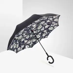 Aangepaste Inverse Dubbele Laag Omgekeerde Paraplu Zonder Logo Afdrukken Van C-Vorm Handvat Opvouwbare Omgekeerde Paraplu 'S