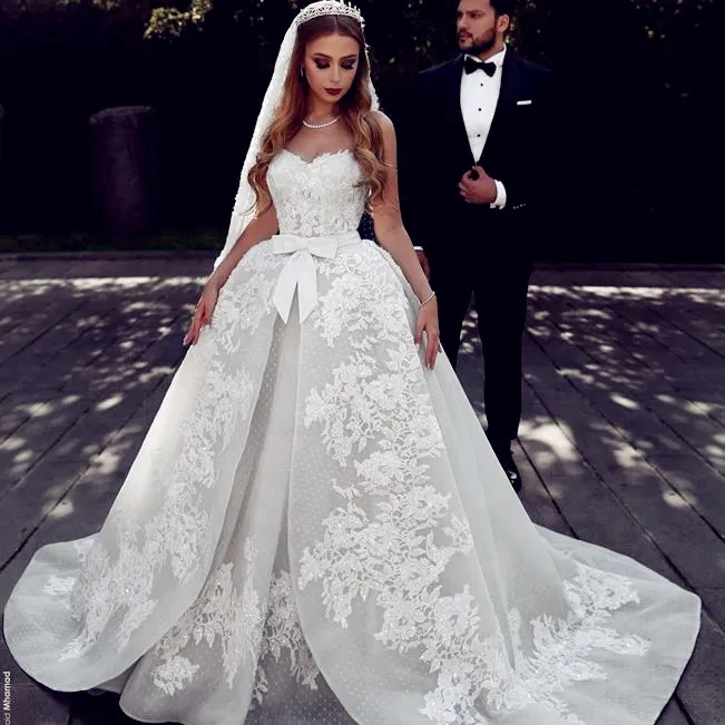 Custom Made Wedding Dress Sweetheart Neckline Ball Gown Bridal Dresses With Detachable Train Ivory Vestidos Wedding Gowns Brand