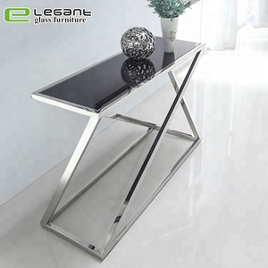 Stainless Steel <strong>Console</strong> <strong>Table</strong> with Tempered <strong>Black</strong> Glass Top - Product Image 1