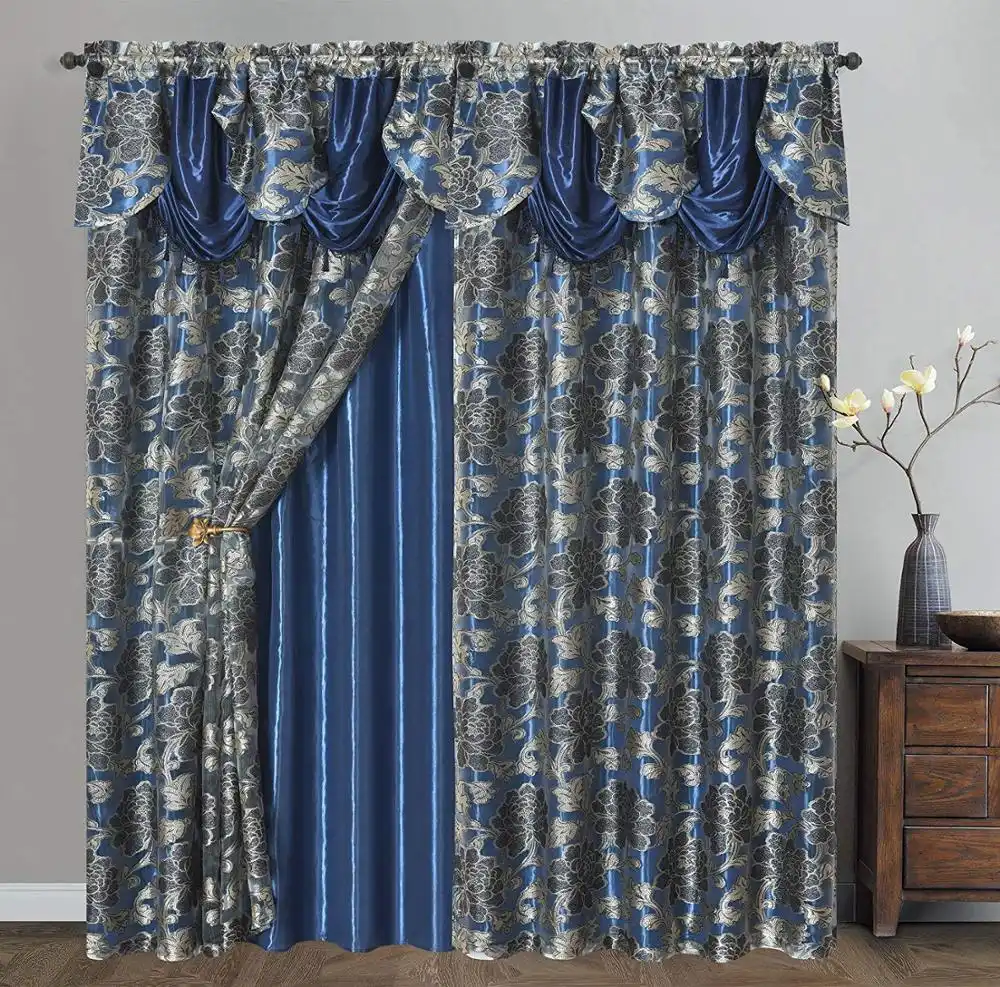 Jacquard cortina de tecido com valância acessada, cortinas de tecido jacquard com costas e borlas