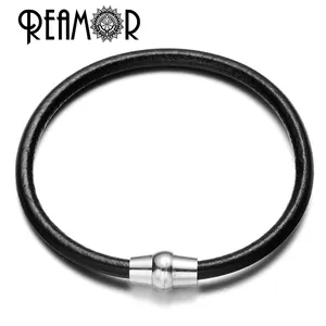 REAMOR Miễn Phí Vận Chuyển 4mm Đen Màu Hồng Đỏ Da 316l Thép Không Gỉ Nam Châm Clasp Vòng Đeo Tay Cho Nam Giới Phụ Nữ