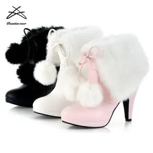 Beautiful pu Fur And ball Wholesale Lady Boots Winter Women Snow Boots Fashion
