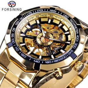 FORSINING 037 Brand Men Automatic Watch fashion Skeleton Mechanical Watches Men's Gold Stainless Steel Clock