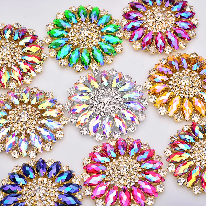 50mm Sew On Crystal AB Glass Rhinestone Applique Big Flower Strass Sewing Crystal Stones For Dress Shoes Crafts