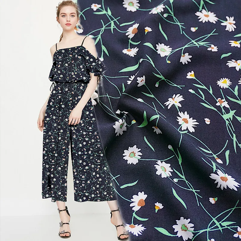 핫 세일 새로운 패션 일반 스타일 짠 디자인 꽃 100% 레이온 인쇄 패브릭 드레스