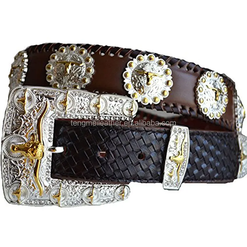 Brown Genuine Leather Texas longhorn golden rhinestone buckle tooled western cowboy men belt S M L XL