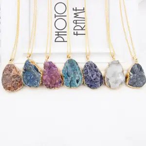 Copper Brass Jewelry Irregular Colorful Long Chain Nature Crystal Stone Jewellery Natural Stone Pendant Necklace For Women