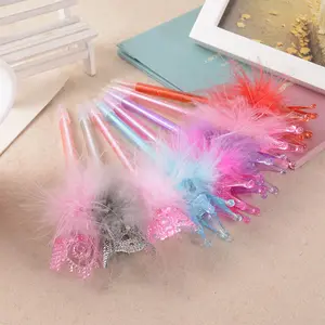 Cheap plastic fancy fluffy feather pen cute crown ballpoint pen for kids