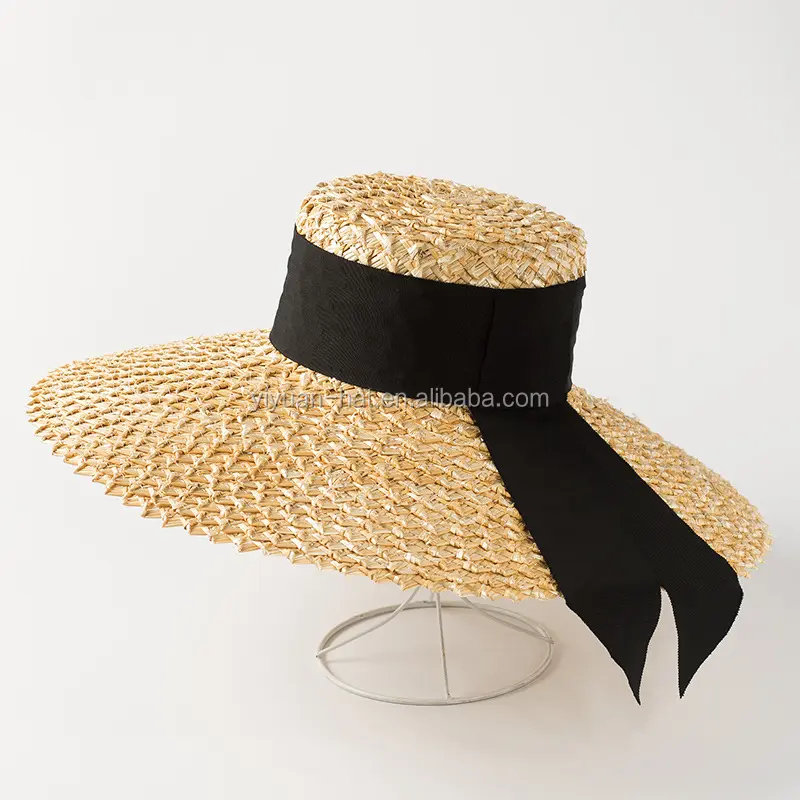 Sombrero de paja de trigo para playa, paja plana de ala ancha con banda negra, Popular, precio de fábrica, nuevo estilo, verano, 2021