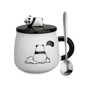 Trắng Gốm Panda Sữa Mug Với Nắp Và Muỗng