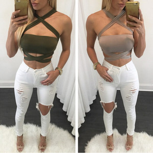 Estate delle donne Sexy Croce Cami Carro Armato Cut-Out Dalla Fasciatura del Halter Bustier Crop Top - Product Image 3