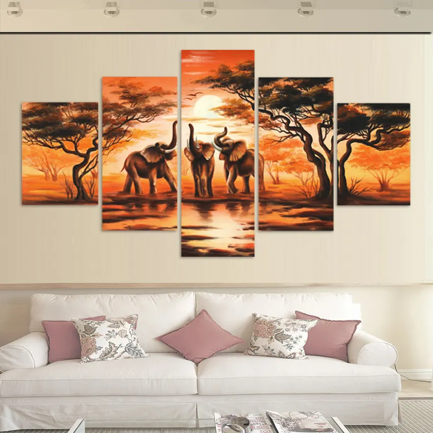 5 Panel pintura arte africano elefante decoración de la pared de pintura de aceite