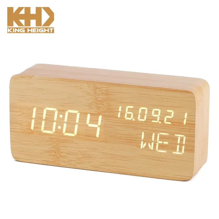 KH-WC004 KING HEIGHT Smart Voice Brightness Control Desk Alarm Wooden Clock Calendar Week For Home Office
