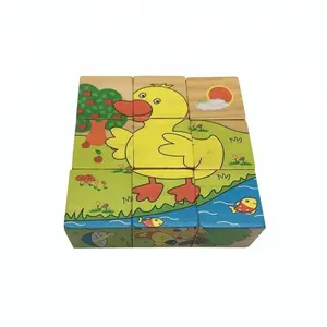 cartoon wooden child six sides 9 Cubes toy wooden Blocks puzzle