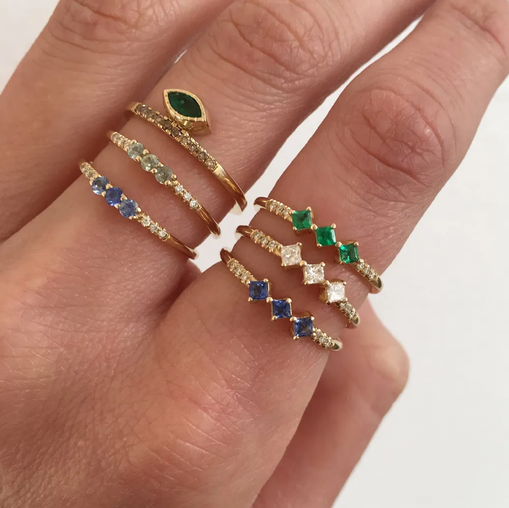 Três pedras design azul verde branco quadrado zircônia cúbica, banhado a ouro adorável menina mulheres dedo moda três cz anel