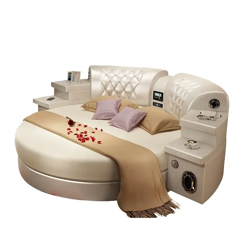 Yatak odası mobilyası ile müzik video 2 m üst tahıl deri yuvarlak yumuşak yatak yatak