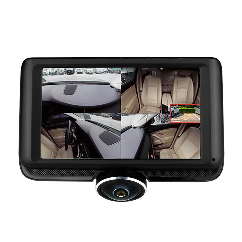 Panorámica de 360 grados Dash DVR cámara con detección de movimiento Monitor de aparcamiento 4,5 pulgadas de pantalla táctil de doble registro HD 1080 negro caja