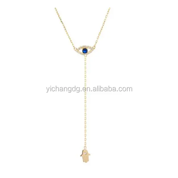 14 Karat Gelbgold Blue Evil Eye mit hängender Hamsa Halskette