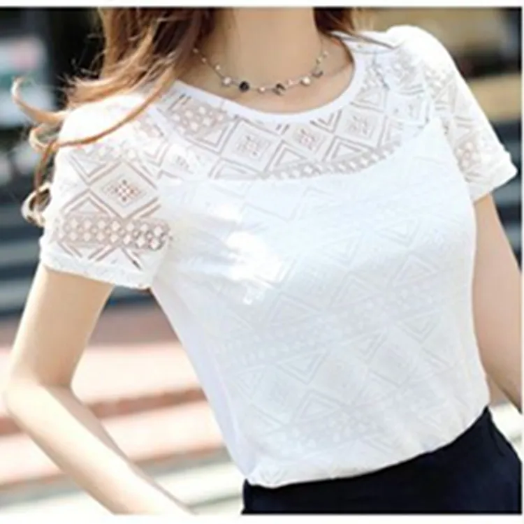 Nova blusa de chiffon com renda feminina, blusa coreana de renda crochê, camisa branca, slim fit