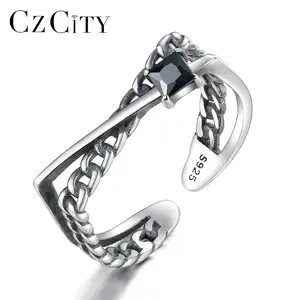 CZCITY-anillos de plata de ley 925 para mujer, joyas geométricas de estilo Simple, anillos clásicos de piedra de circonia negra, joyería fina de plata