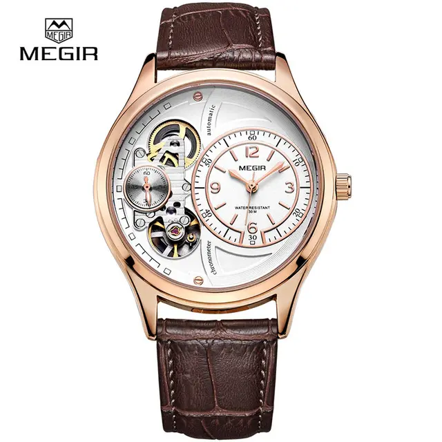 MEGIR 2017 Men Automatic Mechanical Leather Strap Wristwatches Casual Male Masculino Relojes Rose Gold Watch