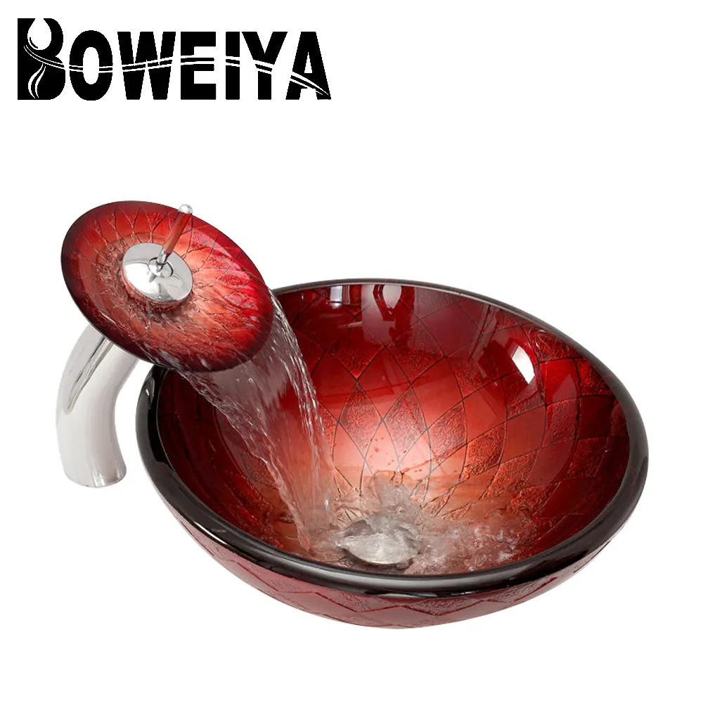 Boweiya Sanitaire Waren Decoratieve Waterval Kraan Glas Wastafel Voor Badkamer Wastafel Kast Fabrikanten