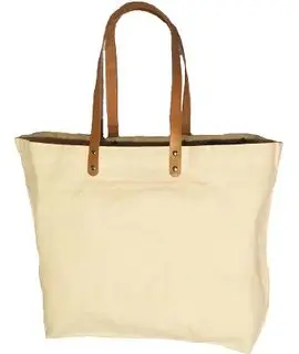 Beige Tela di canapa Shopper Tote Bag Cinghie di Cuoio