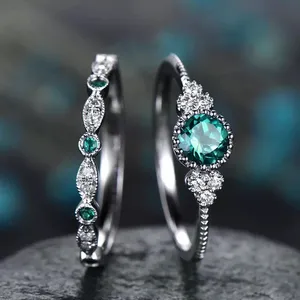 新款优雅西式女士结婚戒指套装铜合金蓝绿色锆石订婚两件套戒指套