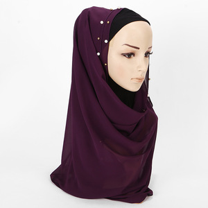 シフォン20色ゴールドとホワイトのパールヒジャーブイスラムヘッドラップロングイスラム教徒ビーズシフォンプレーンヒジャーブスカーフ - Product Image 2