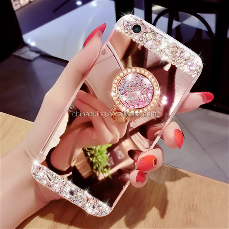 Untuk Samsung Galaxy S5 S6 S7 Edge S8 S9 S10 S20 Plus Note 8 9 10 Bling Diamond Ring Holder ponsel Cermin Case Penutup