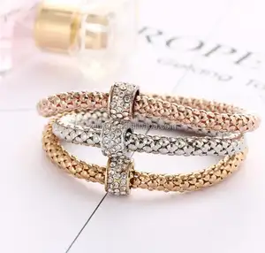 Pulsera de malla elástica italiana con cuentas de cristales, pulsera de malla elástica dorada