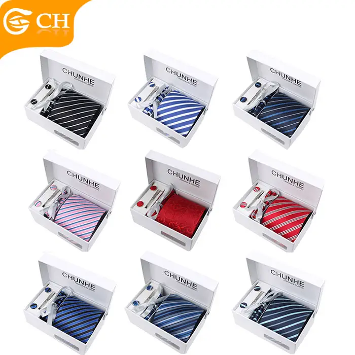 Cheap Custom Strip Fashion Style Ready Polyester Neckties Mens Ties Set Box Strip Cufflink Hanky Neck Tie Set Box