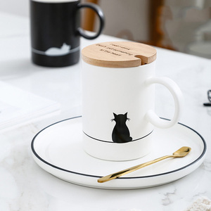 Taza <span class=keywords><strong>de</strong></span> café <span class=keywords><strong>de</strong></span> porcelana con tapa <span class=keywords><strong>de</strong></span> madera, <span class=keywords><strong>diseño</strong></span> <span class=keywords><strong>de</strong></span> gato perezoso blanco y negro - Product Image 5