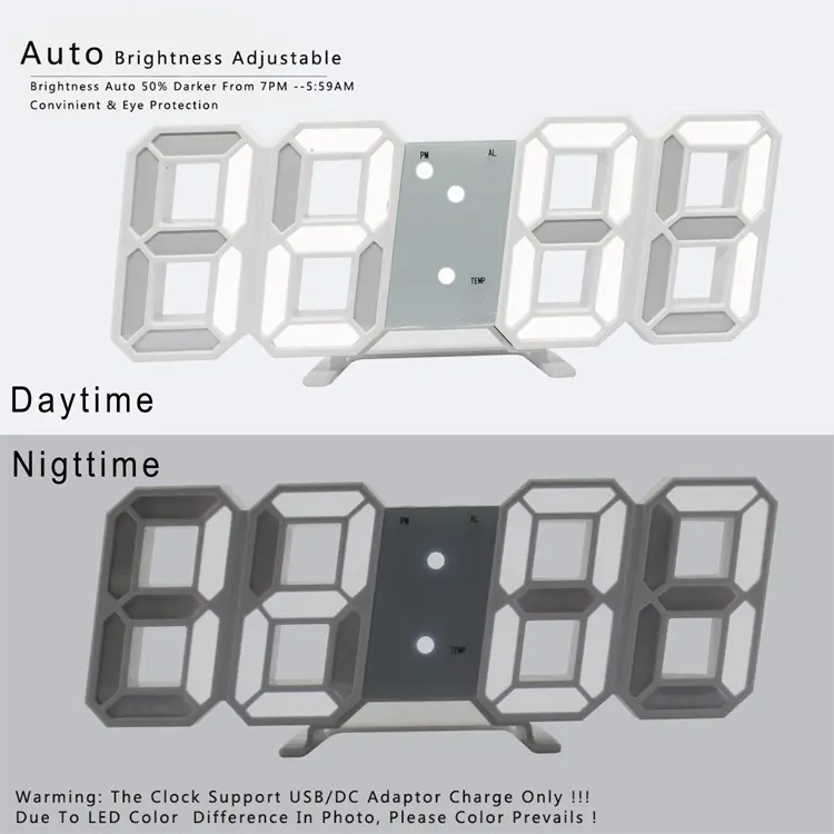 3d Clock USB Rechargeable Large Digital Snooze Alarm 3D LED Wall Clock