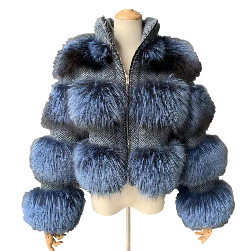 Mao casaco de pele feminino, jaqueta quente para mulheres, de prata, azul, de raposa