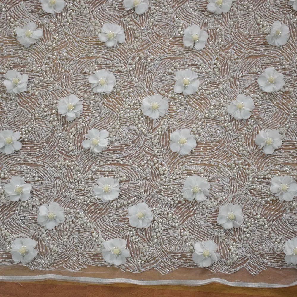 TOP quality White 3D embroidery lace mesh fabric with bead and pearls bridal tulle fabric french beaded lace HY0730-4