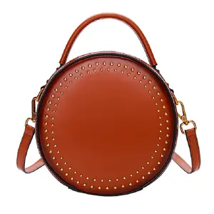 Fashion Design Crossbody Handbag Pure Color Rivet Round Shoulder Bag for Women