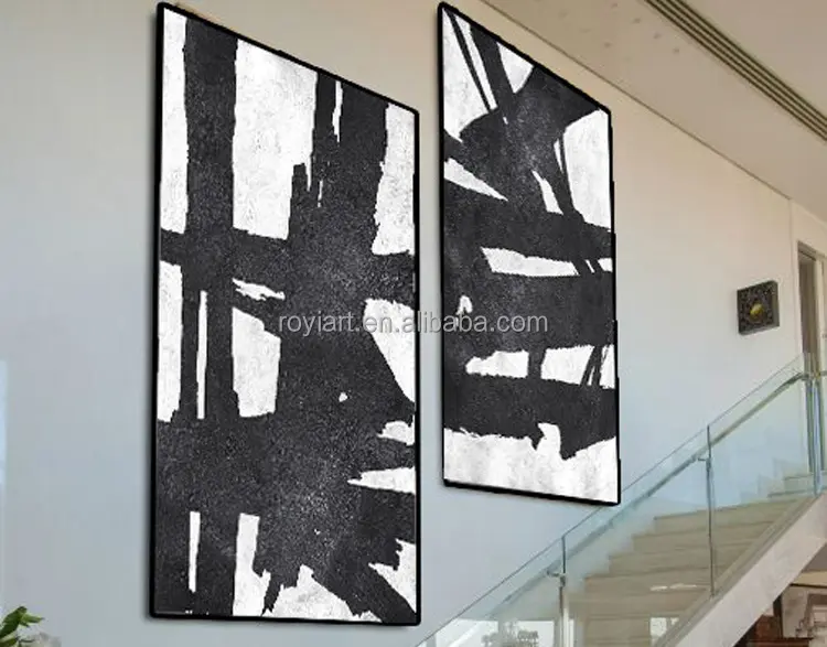 Set of 2 Extra Large Acrylic Painting On Canvas, Minimalist Painting Canvas Art,Black And White Geometrical Painting
