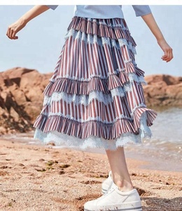 High Quality <strong>Plus</strong> <strong>Size</strong> Casual Ladies Striped Ruffles Lace 100% Polyester Long <strong>Maxi</strong> <strong>Skirt</strong> - Product Image 4