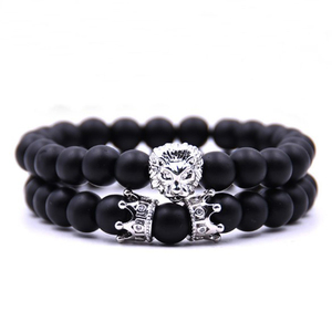 Vòng Đeo Tay King & Queen Vương Miện CZ Chất Lượng Cao, Bộ Vòng Đeo Tay Đàn Hồi Da Báo Sư Tử Hạt 8Mm Màu Đen Mờ (CSB0093) - Product Image 1