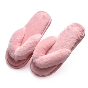 Woman Ladies fashion fluffy fuzzy faux rabbit fur plush slipper flip flops