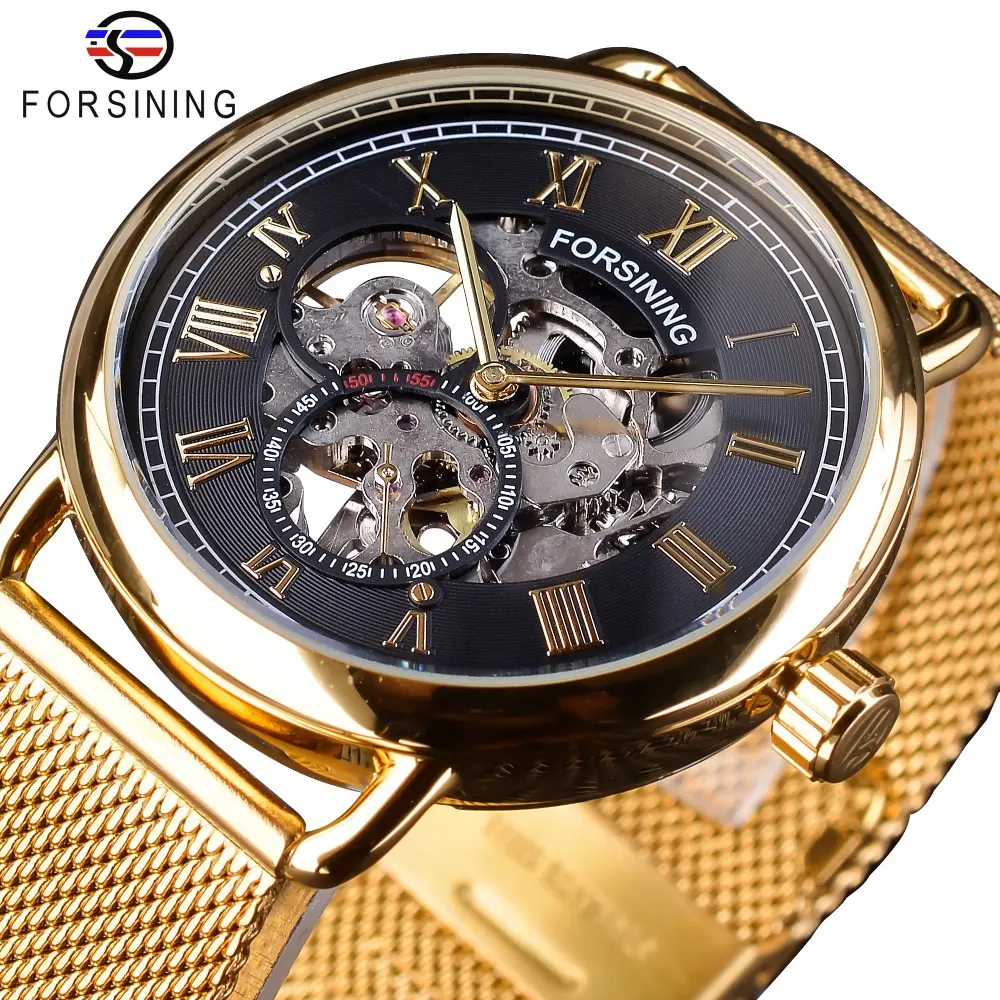 FORSINING Top Brand Luxury Golden Mechanical Watch Men Ultra Thin Steel Mesh Strap Roman Numerals Skeleton Golden Wristwatches