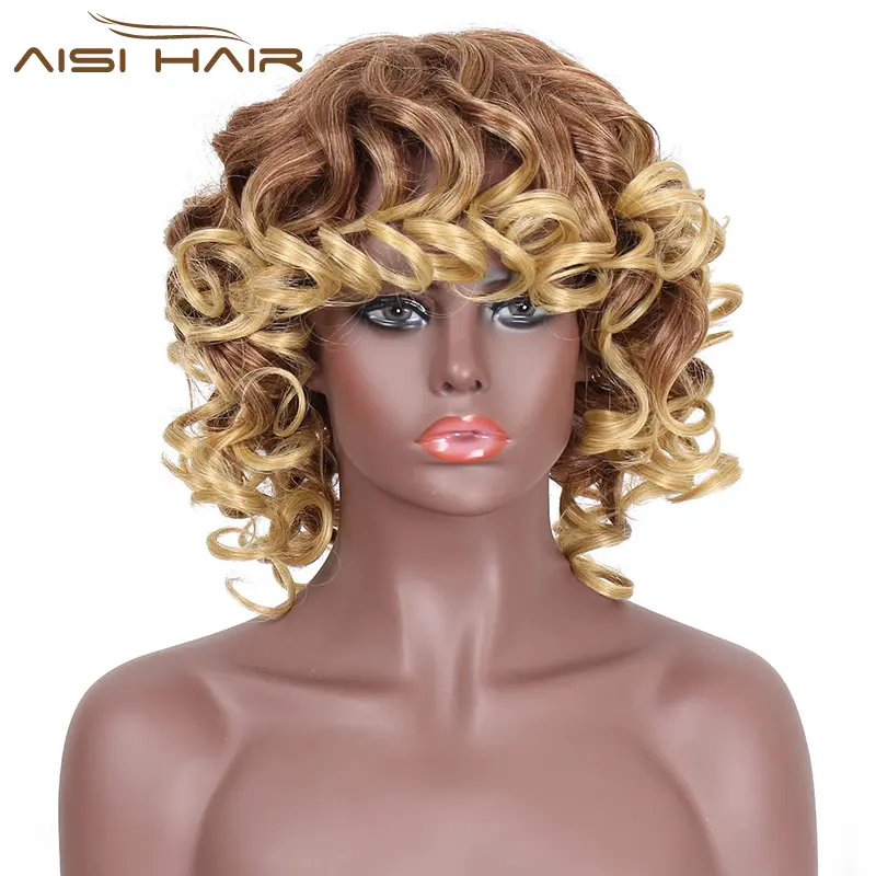 Aisi Hair-pelucas de pelo corto rizado ondulado con flequillo, pelo sintético marrón mezclado Rubio para mujeres negras