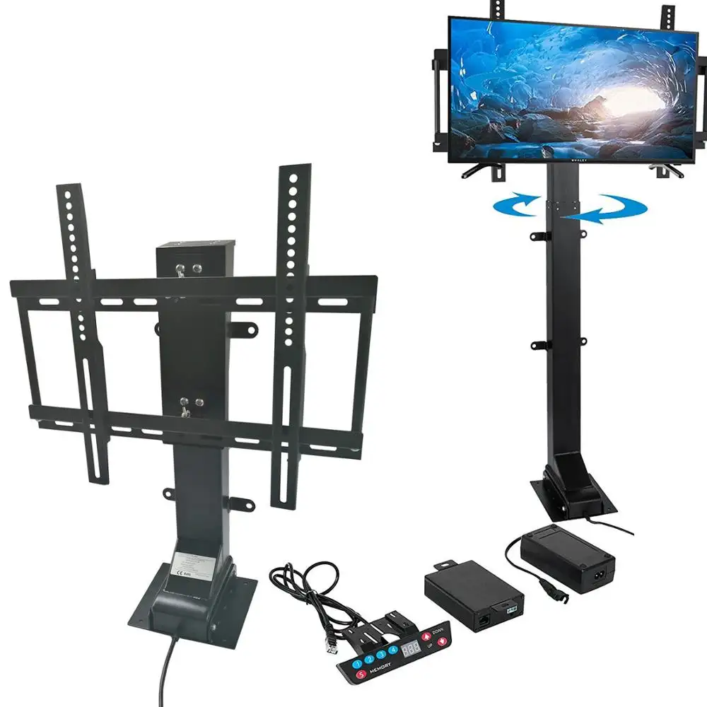 Swivel electric height adjustable tv lift mechanism motorized tv lift with remote control floor standing vesa mount tv stand