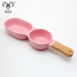 Bol en céramique écologique pour enfants, <span class=keywords><strong>double</strong></span> bol, compote, salade, avec poignée en <span class=keywords><strong>bois</strong></span> - Product Image 4