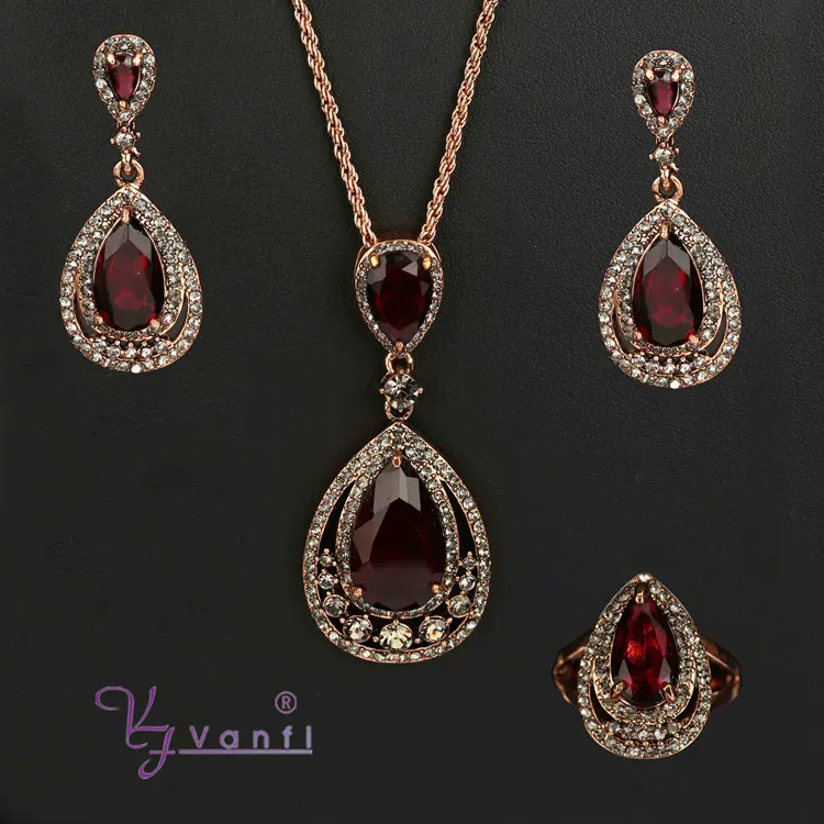 2021 Nieuwe Mode Vintage Stijl Ruby Imitatie Antieke Turkse Crystal Huwelijkscadeau Unieke Bruids Sieraden Set Voor Dames