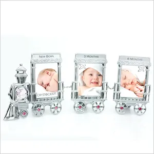 Crystocraft Cute Train Shape Chrome Plated Newborn Baby Photo Frame with Brilliant Cut Crystals Gift for Baby Girl