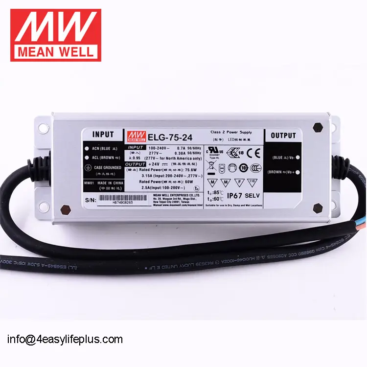 Original Meanwell 24V 3.15A IP67 Clase II conductor regulable resistente al agua fuente de alimentación de LED ELG-75-24